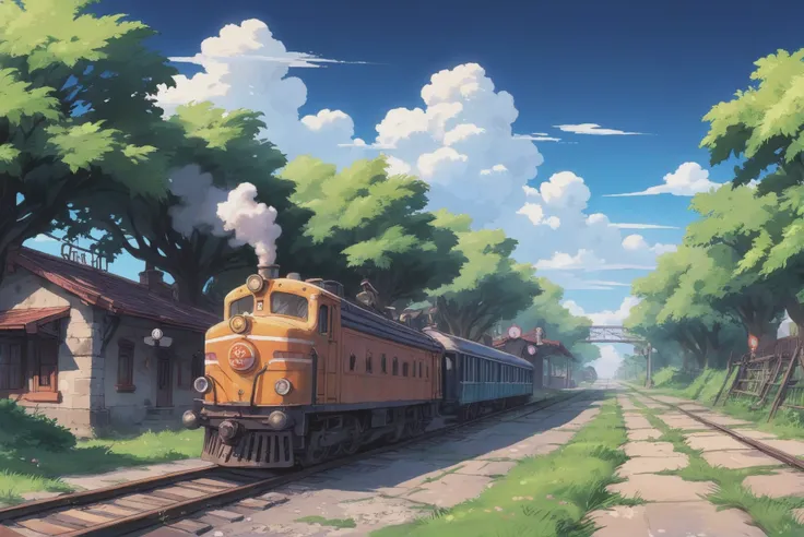 digital painting, whimsical anime movie background, a train on a suburban railroad<lora:envystarlightidyllicanime01:1>