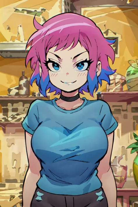 a cartoon girl with pink hair and blue shirt standing in front of a kitchen