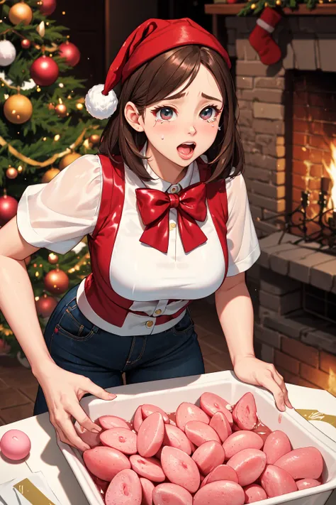 anime girl with a box of cookies in front of a christmas tree