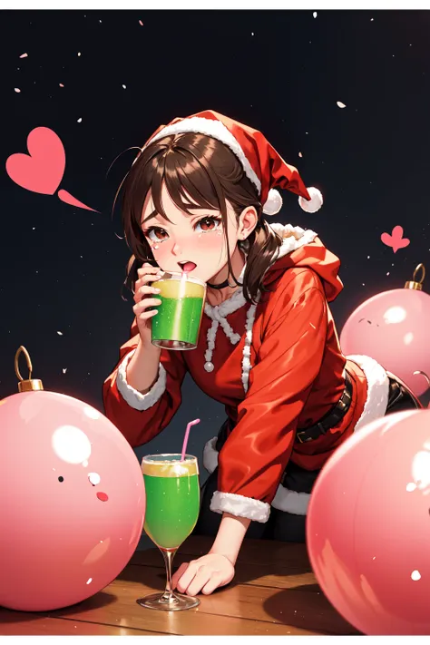 anime girl in santa outfit drinking a green drink with balloons in the background