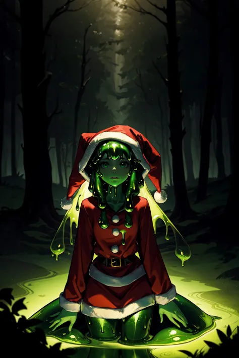 a green alien girl in a santa outfit sitting on a leaf