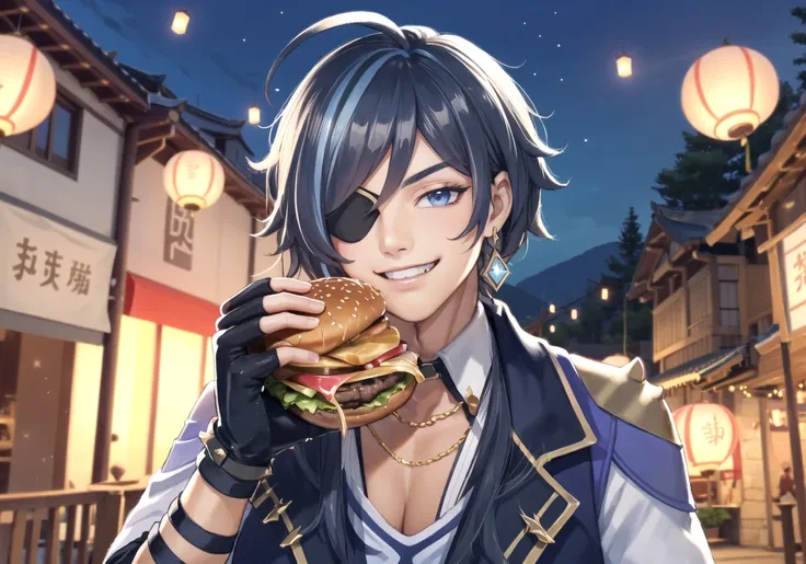 (extremely delicious huge burger:1.2), masterpiece, best quality, 1boy, solo, (kaeya(genshin impact):1.2), face, face closeup, (eating hamburger, large burger:1.2), (looking at viewer:1.2),
eyepatch, dark-skinned male, gloves, jewelry, blue hair, earrings...