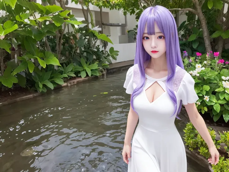 masterpiece, best quality, 8k, very long hair, light purple hair, swept bangs, purple eyes, white dress, long dress, floating hair, short sleeves, large breasts, <lora:administratorQuinella_v1:0.6:1,1,1,1,1,0,0,0,1,1,1,1,1,1,1,0,0>, <lora:010_v20:0.3> ,<lo...