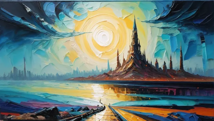 painting of a painting of a sunset over a lake with a mountain in the background