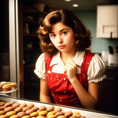 arafed woman looking at a tray of cookies in a bakery