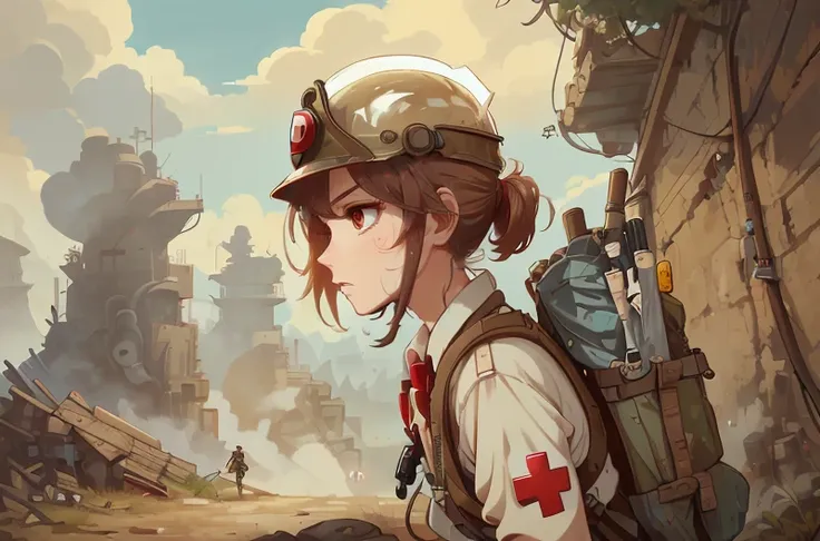 anime girl with a backpack and a helmet on standing in front of a building