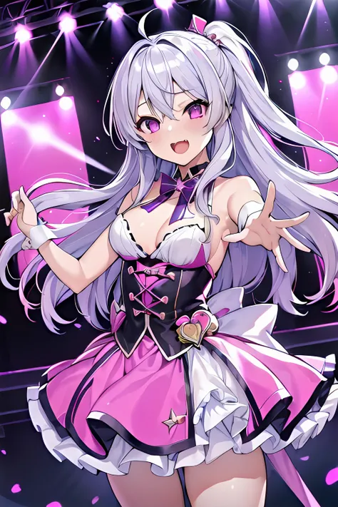 girl, idol, silver hair, long hair, floating hair, pink eyes, large breasts, purple idol costume, blush, open mouth, reaching towards viewer, stage, stage lights