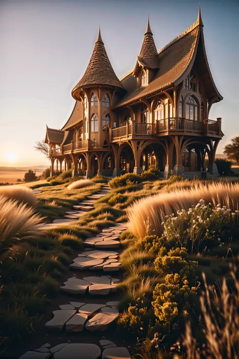 photograph, cinematic color grading, <lora:EnvyElvishArchitectureXL01:0.5> elvish architecture, fantasy, golden hour, scenery, in a Cleancore Prairie<lora:EnvyBetterHiresFixXL01:0:hr=1>