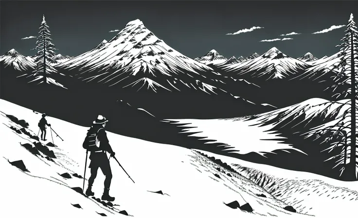 Snowy mountains, forest, and a hiker. The small figure of the hiker contrasts sharply with the magnificent natural scenery, creating a serene and mysterious atmosphere, Woodcut prints<lora:vynstickBWVinyl_vynstickV1:1>