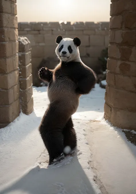 leica_style, panda_tm, panda  <lora:panda_tm:0.7>,  no impurities, snowing, in winter, realistic, depth of field, ((background o...