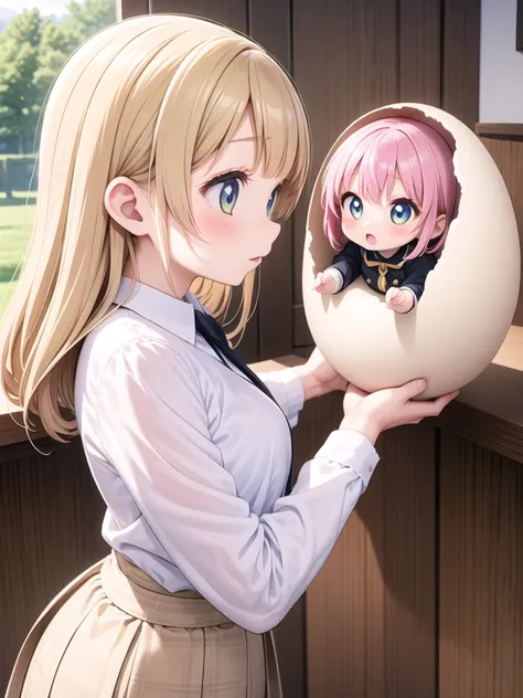 2 girls, are facing each other, holding giant egg with hands, a chibi girl into giant egg <lora:imprinting-001_0.7:1>