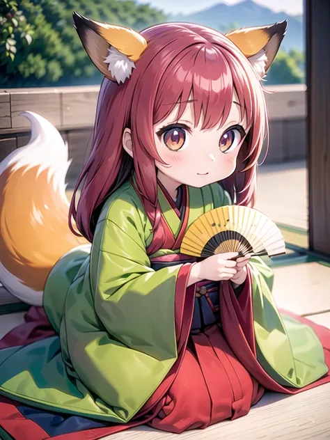 fox ears, hina girl, juuni, layering wide sleeves clothes, seiza, holding folding fan hide her face, hide mouth, long hem red hakama <lora:hina girl:0.7>