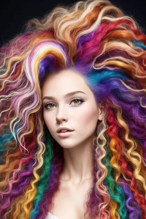 best quality, masterpiece, girl with really wild hair, mane, multicolored hair