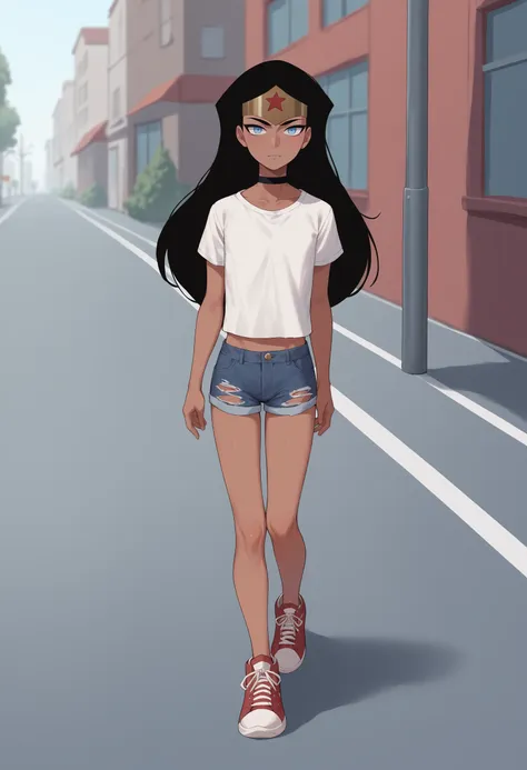 a cartoon girl in a white shirt and blue shorts walking down a street