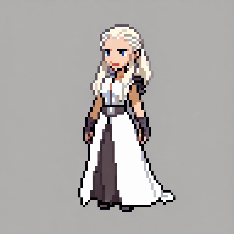 a close up of a pixel art of a woman in a white dress