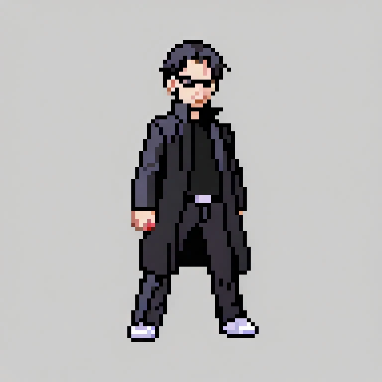 a close up of a pixel art of a man in a black coat