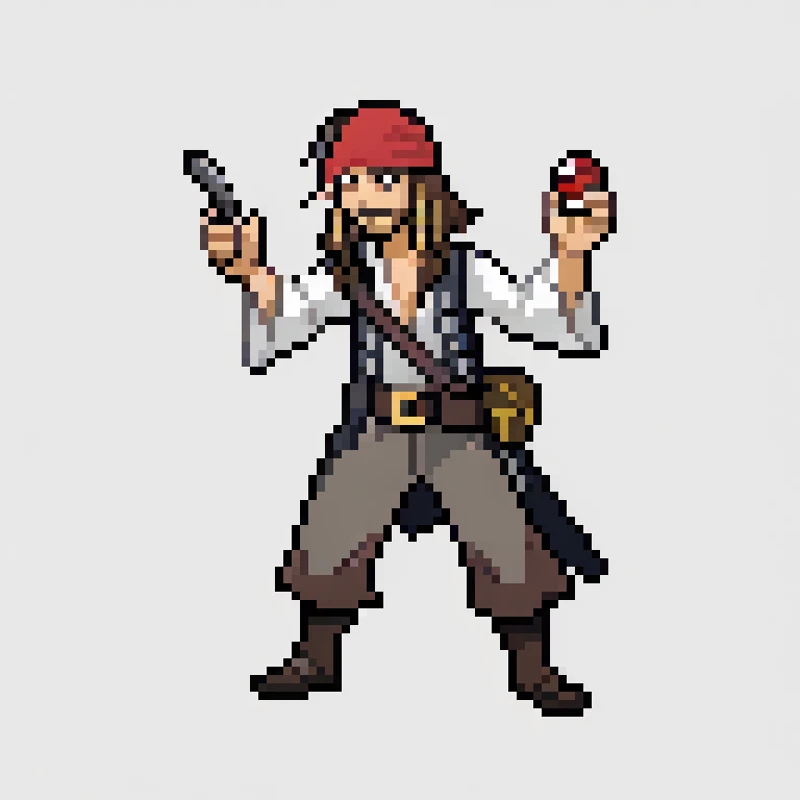 pirate with a sword and a red hat holding a sword