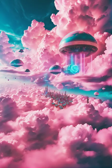 a pink and blue painting of a spaceship flying over a city