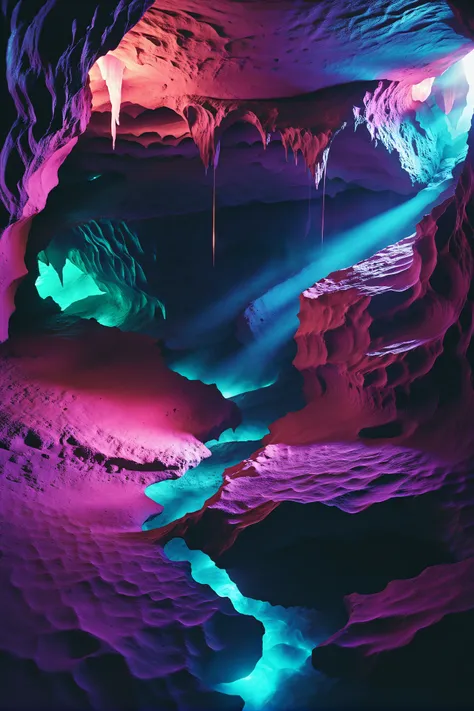 a close up of a cave with a stream of water in it