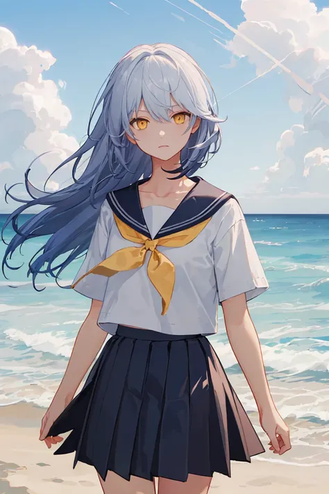 LYFE, school uniform,  collarbone,  blue_hair, long hair, yellow_eyes,    1girl, solo, standing, cowboy shot,   looking at viewer, outdoors,  day, beach, ocean, cloud, summer,    dappled_sunlight,  (masterpiece,best quality,beautiful and aesthetic:1.2),   ...