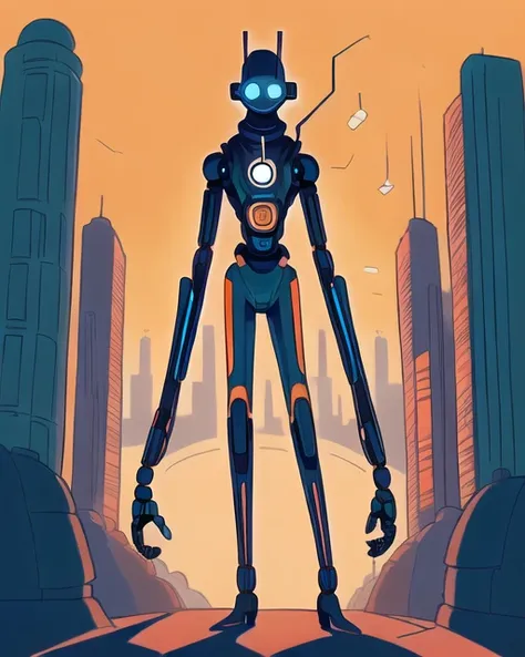 ayejaymakeart male robot, [teal and orange], face covered in shadow, long limbs, futuristic, in a futuristic city