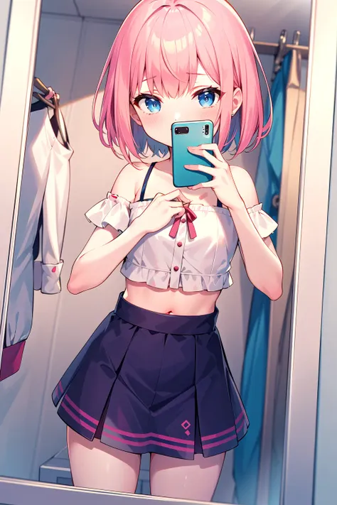 anime girl in a school uniform taking a selfie in a mirror