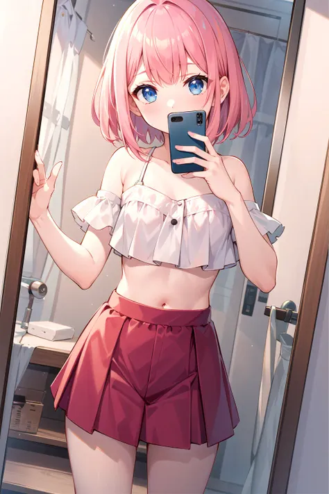 anime girl in a short skirt taking a selfie in a mirror