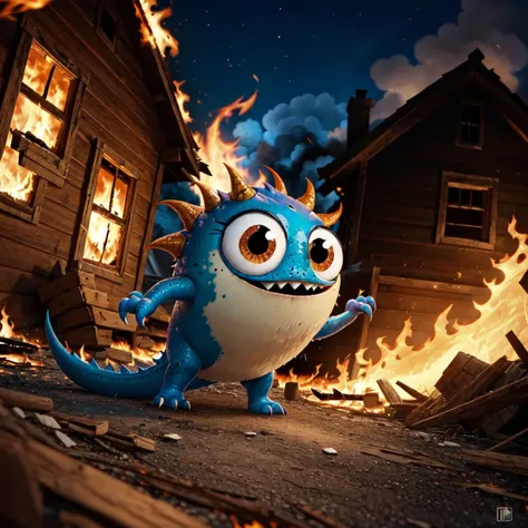 a photo of a cute monster looking at a burning house, dutch angle, googly eyes, full body, fullshot