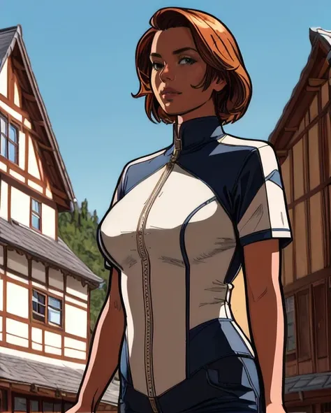 a cartoon of a woman in a white and blue outfit