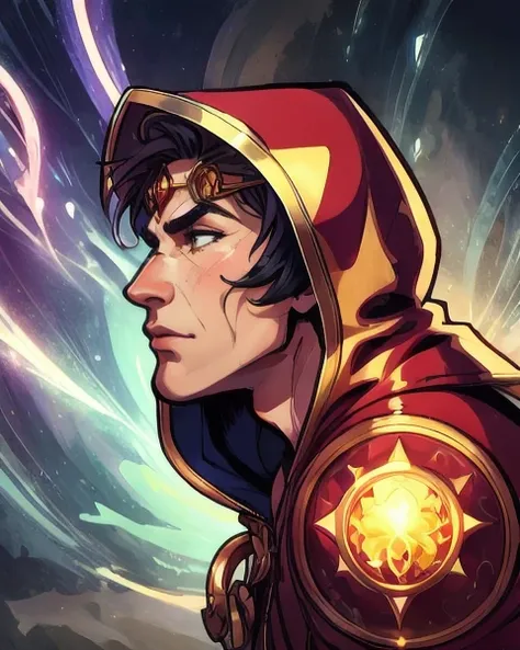 a close up of a man in a hoodie with a star on his chest