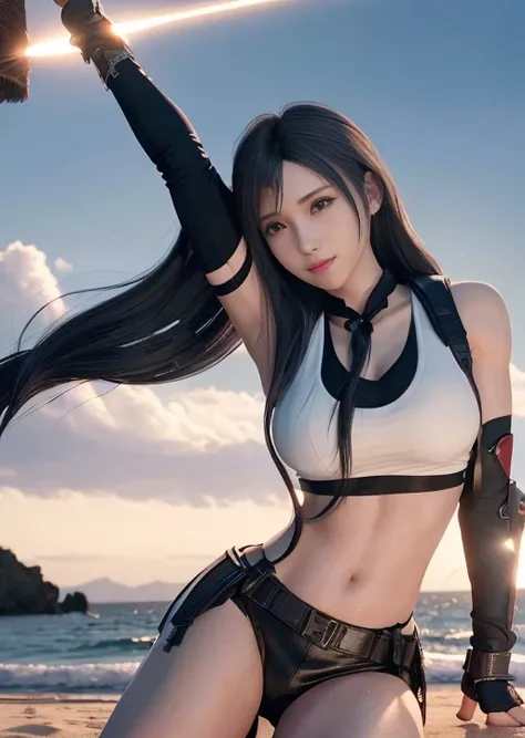(8k, best quality, masterpiece:1.2), (realistic, photo-realistic:1.37), tifa lockhart, looking at camera, small breasts, A cup, ultra-detailed, 1 girl, cute, solo,beautiful detailed sky, dating,(nose blush),(smile:1.15),(closed mouth),(collared shirt:1.1), (short hair:1.3),(floating hair NovaFrogStyle:1.2), jk,pink light, wet, park, reflective iris, red iris, looking at camera, tifa original outfit, beach background, light on face, strong arms, muscular arms, tifa original outfit, full body, sly smile