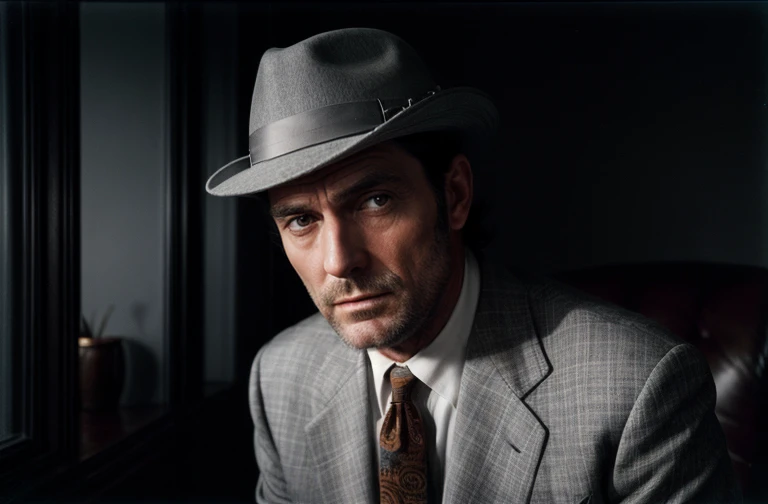 candid photoshop (medium),  of  PhilipCipher, a man wearing a grey business suit and a grey wool felt fedora, holding a cocktail, upper body framing, in the corner of a dark lounge after a hard day at work, BREAK (cinematic lighting:1.12) and creative shad...