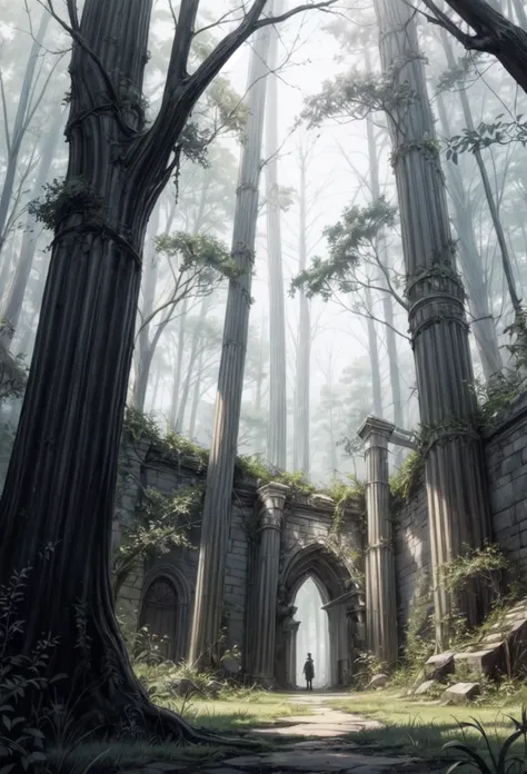 a man standing in the middle of a forest with tall trees