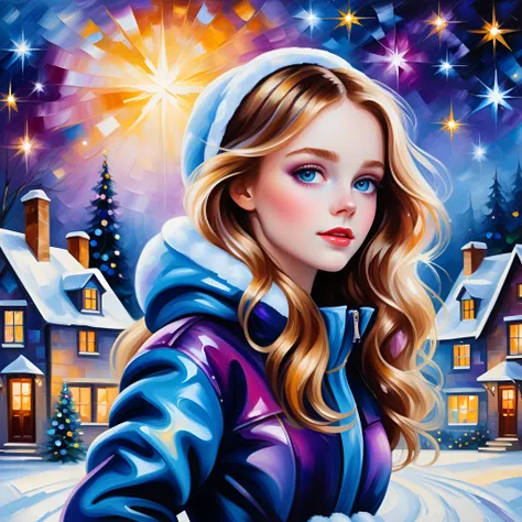 full body, high quality actual painting by Leonid Afremov, blue and purple black, gorgeous pale magical girl, waist up, close up, big full wavy hair, A beautiful girl made of Starry Night, looking over shoulder, long gloves, Christmas atmosphere:1.5, art p...