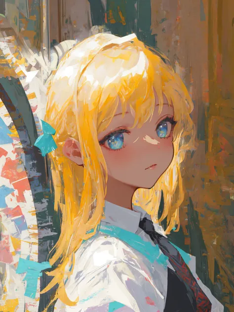 anime girl with blonde hair and blue eyes standing in front of a wall