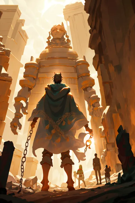 a man in a cloak and cape walking through a city