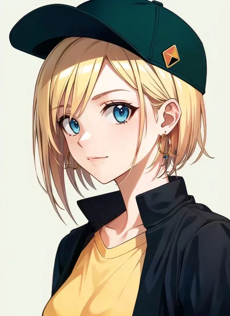 akamatsu ken <lora:akamatsu_ken_offset:1>,  masterpiece, best quality, 1girl, aqua eyes, baseball cap, blonde hair, closed mouth, earrings, green background, hat, hoop earrings, jewelry, looking at viewer, shirt, short hair, simple background, solo, upper ...