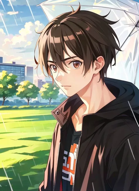 akamatsu ken <lora:akamatsu_ken_offset:1>,  masterpiece, best quality, 1boy, brown eyes, brown hair, male focus, outdoors, rain, solo