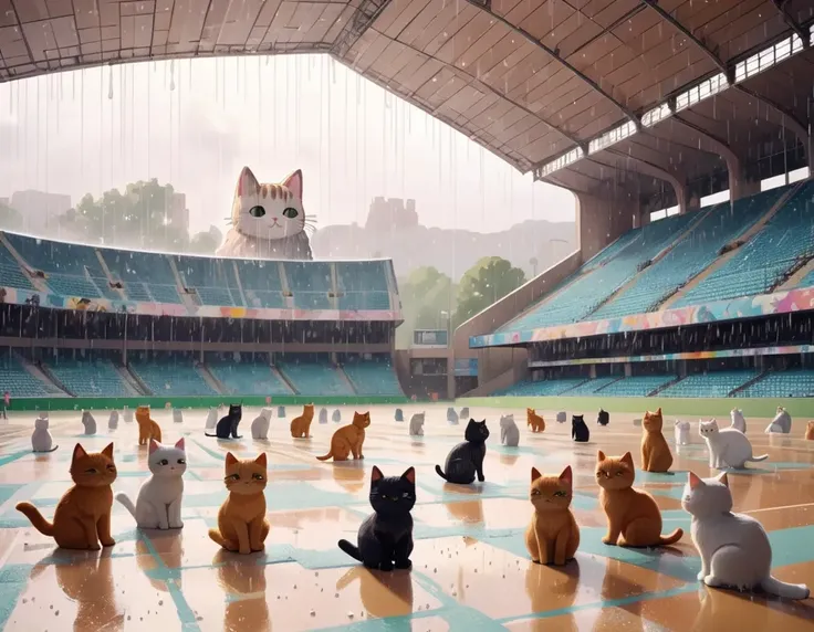 landscape of a cute kawaii cats from inside of a Sports complex, Raining, Film Washi, art by Antoni Gaud