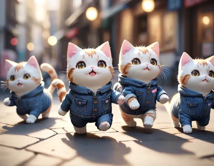 Concept art, Swirling Denim, ground level shot of a cute kawaii cats, tilt shift, Rule of Thirds, short lighting