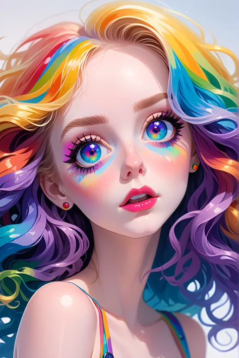 2d, flat aesthetic illustration, flat minimalistic art, flat stylized digital art, extreme colors, beautiful gorgeous woman, angled shot, pale skin, Colorful, big wavy hair, hair has lots of body, wild rainbow hair, sloped and cute button nose, detailed ir...