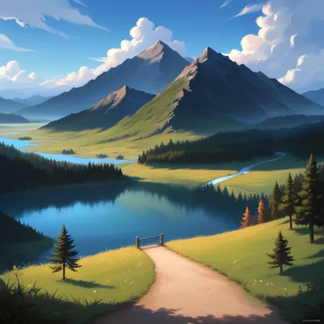 painting of a scenic mountain scene with a lake and a road