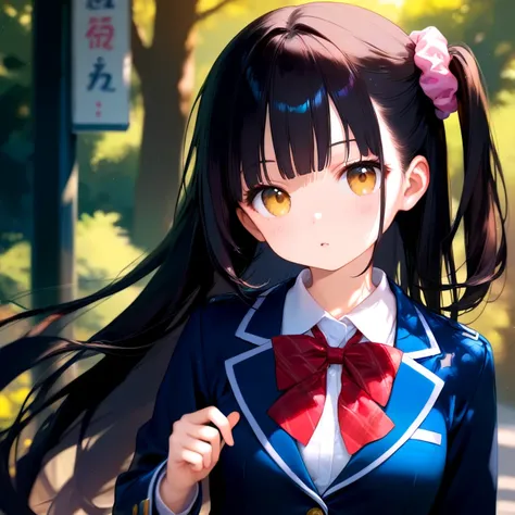 anime girl with long black hair and a bow tie