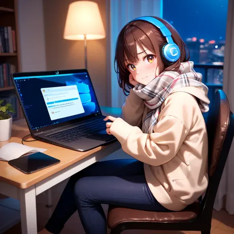 anime girl sitting at a desk with a laptop and headphones