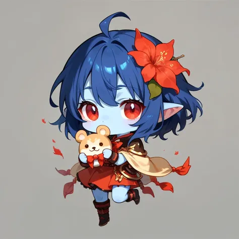 anime girl with blue hair and red eyes holding a teddy bear