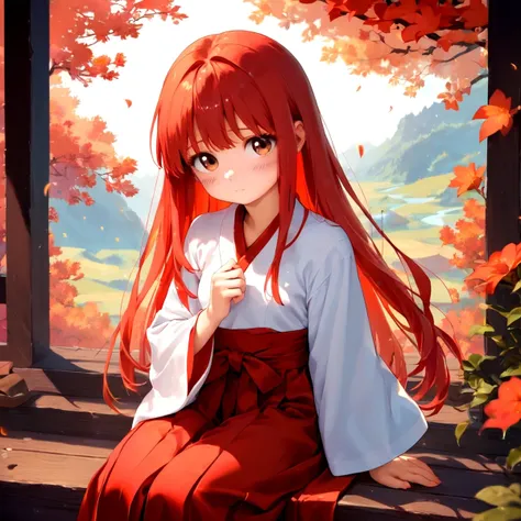 anime girl with long red hair sitting on a bench in front of a tree