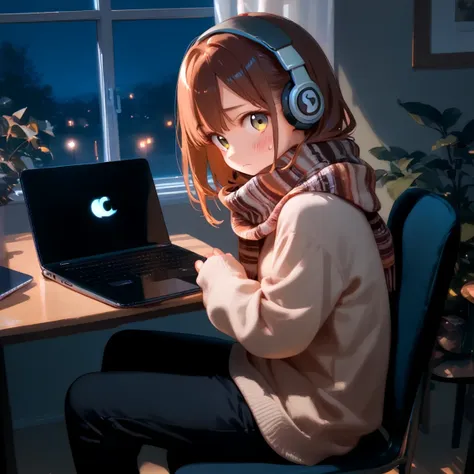 anime girl sitting at a desk with headphones on and a laptop