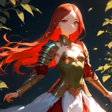 a close up of a woman with red hair and armor