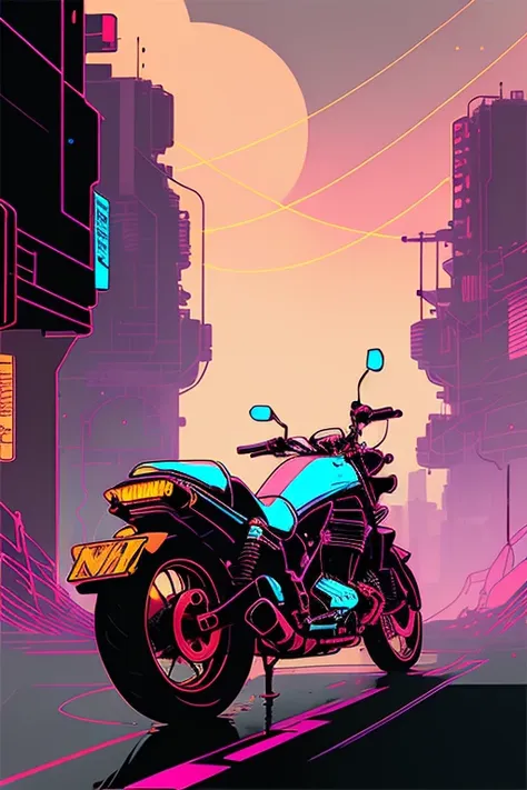 (nvinkpunk:1.2) snthwve style motorcyle, lightwave, sunset, intricate, highly detailed