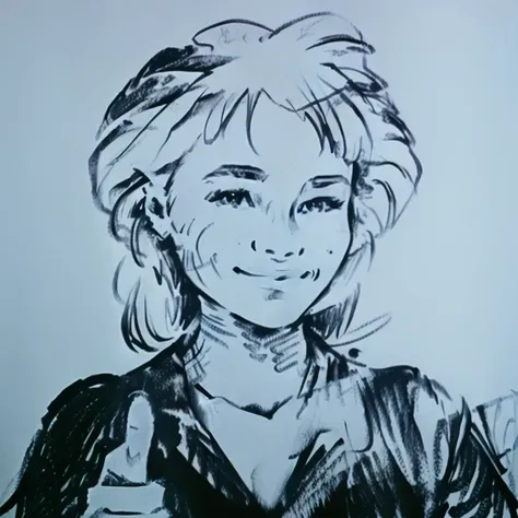 beautiful girl gives a ((thumbs up)) , (slightly smile)  <lora:takeOnMeSketchyStyle_v10:1> , monochrome, detailed